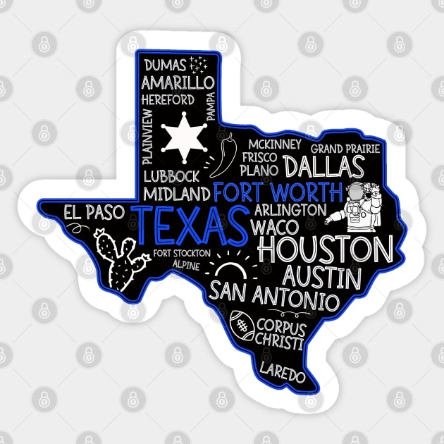 Fort Worth Texas cute map San Antonio Austin El Paso Dallas TX