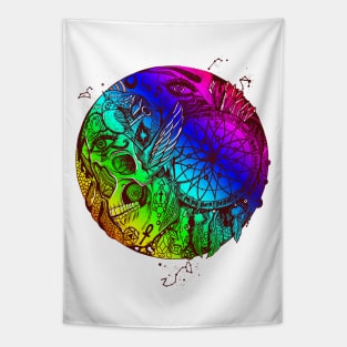 Rainbow Skull and Dreamcatcher Circle Tapestry