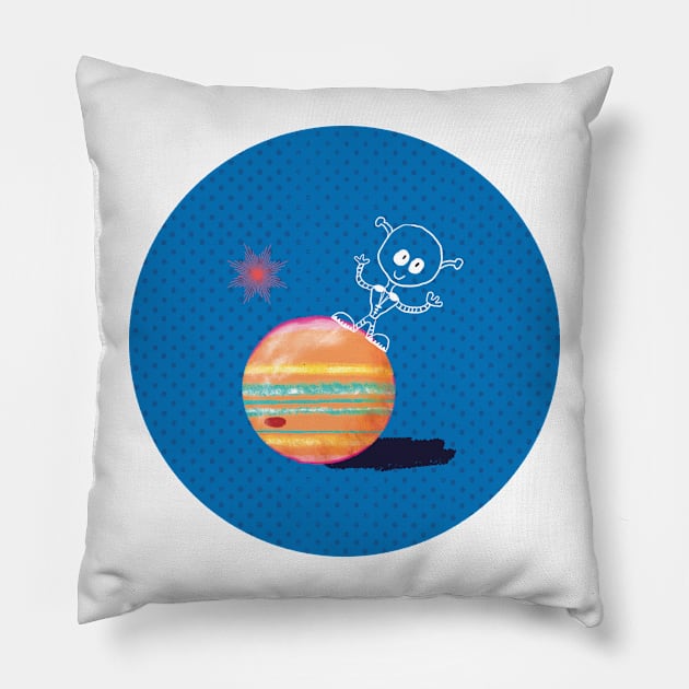 Fallen Jupiter Moons – pattern orange on blue Pillow by colorofmagic