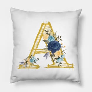 Monogram Letter A In Metallic Gold With Aesthetic Blue Flowers Botany Pillow