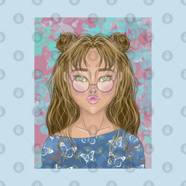 Boho Cute Girl Portrait Art Design Anime Inspired Tee for Whimsical Fashion by Nemui Sensei Designs