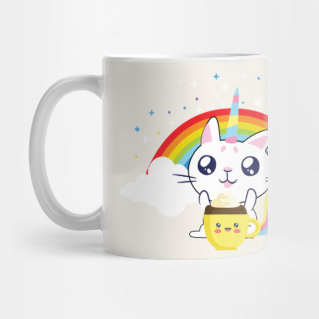 Funny Cat Unicorn Having Cute Coffee Cup With Rainbow And Stars