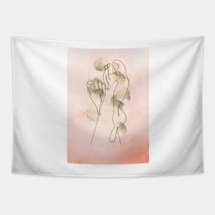 Feet line art, minimal design print, pink background and delicate foliage Tapestry