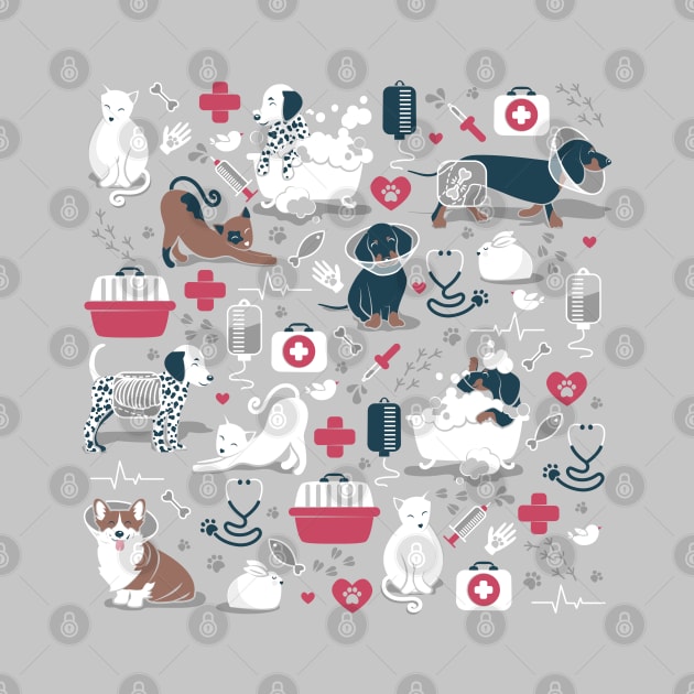 Veterinary medicine, happy and healthy friends // grey background red details navy blue white and brown cats dogs and other animals by SelmaCardoso