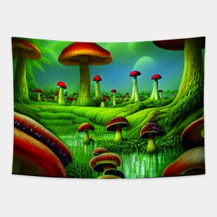 Mushroom Village Near A river And Under Mountains, Cute Mushroom Aesthetic Tapestry
