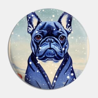 Cutest Blue French Bulldog Puppy Sitting in Snow Christmas Season Pin