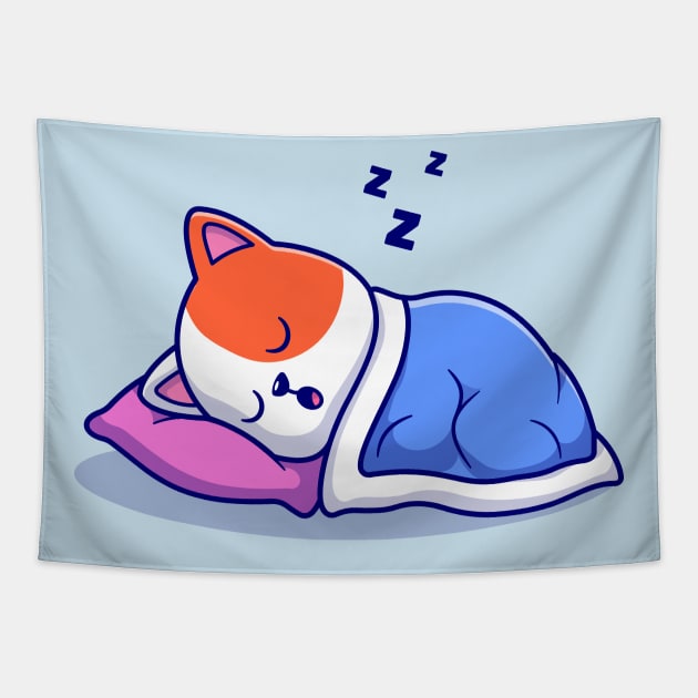 Cute Cat Sleeping With Pillow And Blanket Cartoon Tapestry by Catalyst Labs