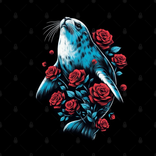 Cute Seal Red Roses by DarkWave