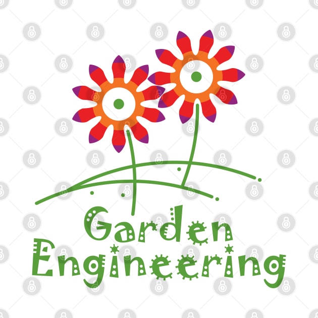 Two flowers or a pair of colorful flowers, composition in the shape of cog and Gear wheel mechanisms designed to express a garden engineering concept. by GeeTee