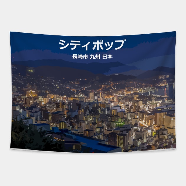 Japanese city pop art - Nagasaki city Kyushu Japan in Japanese language NIGHT Tapestry by FOGSJ