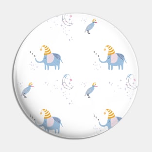 Pattern with cute sleeping elephant, bird and moon Pin