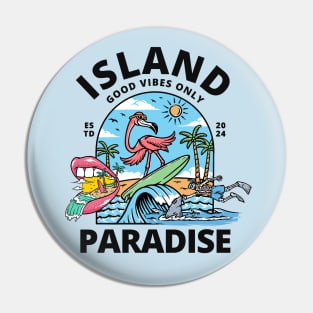 Island Paradise Flamingo Surfing Beach Pin