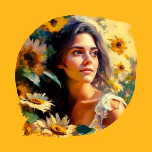 A beautiful girl in nature, surrounded by sunflowers, Art painting T-Shirt