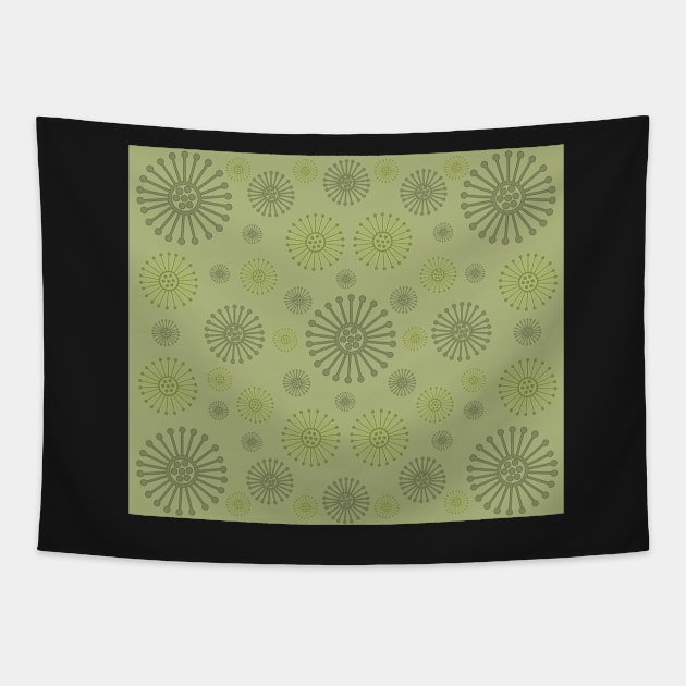 Gently on the Green. A tranquil design featuring wagon wheels in soft olive and mossy green tones. Tapestry by innerspectrum