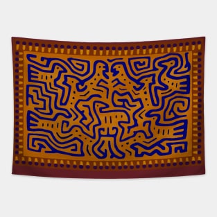 Kuna Shaman Spirits - Orange Blue Rust Tapestry