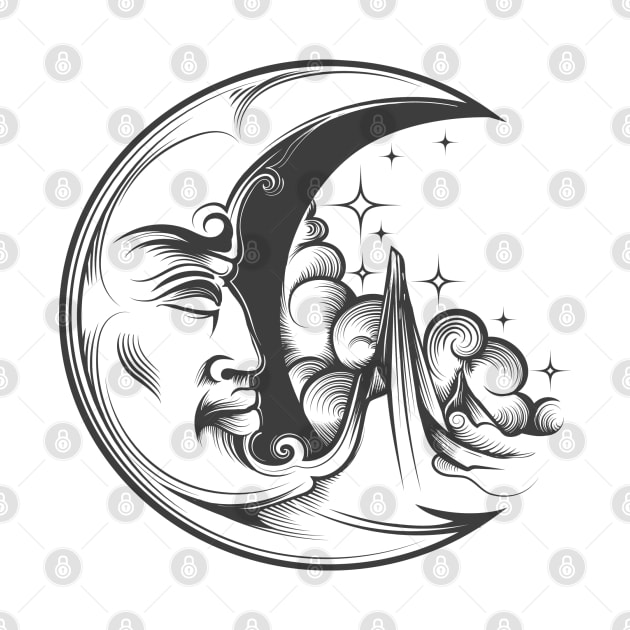 Crescent Moon with face Esoteric Symbol Engraving tattoo. by devaleta