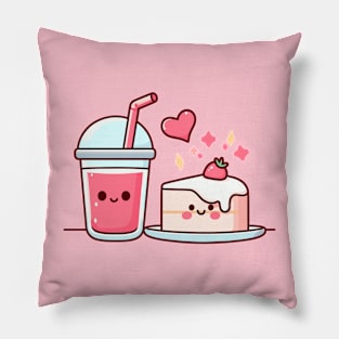 Design for Strawberry Lovers with a Kawaii Style Strawberry Cake and Drink | Cutesy Kawaii Pillow