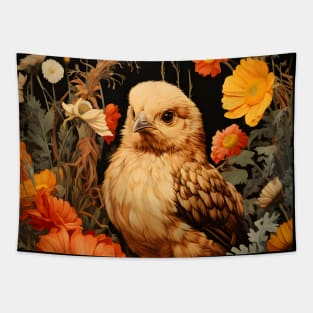 Retro Vintage Art Style Baby Chick in Field of Wild Flowers - Whimsical Farm Tapestry