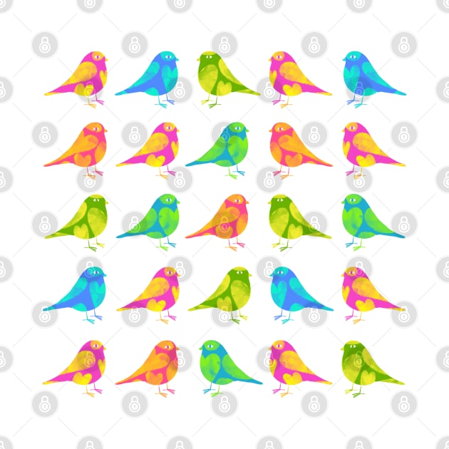 Cute little colourful birds with hearts by iulistration