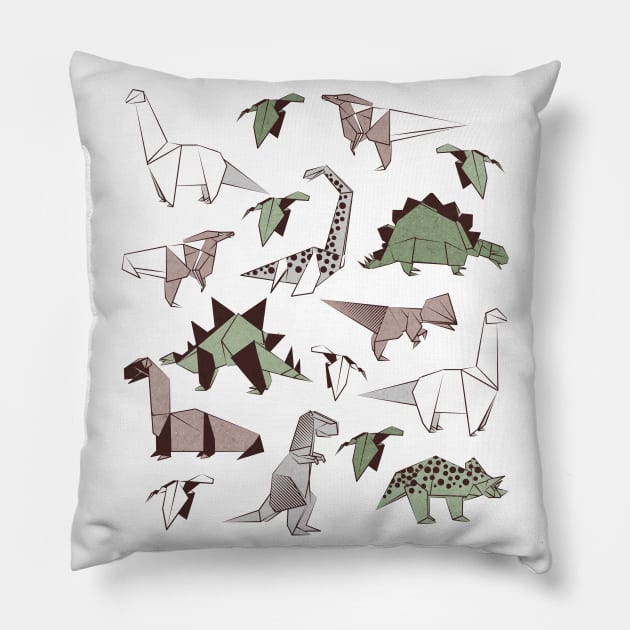 Origami dino friends // print // green white and beige dinosaurs Pillow by SelmaCardoso