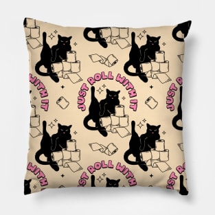 Roll with it Black Cat Pattern in beige Pillow