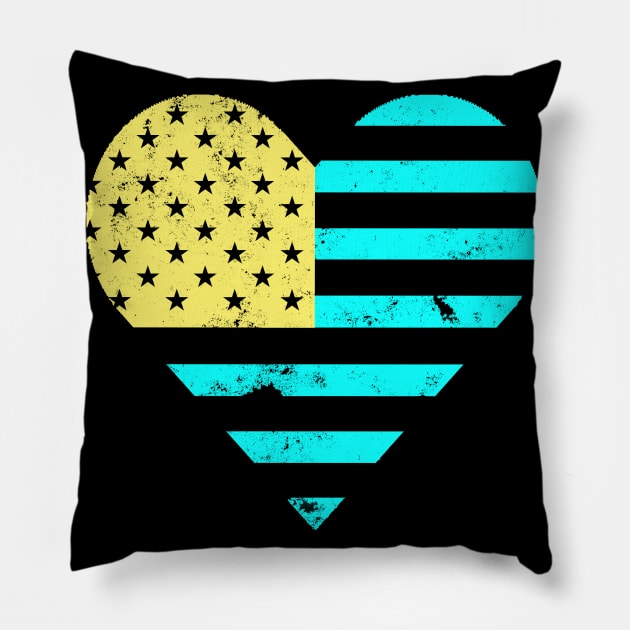 Distressed American Heart Flag USA Patriotic - Heart Flag - 4th of July- I love USA - Yellow Aqua Color Heart Flag Pillow by DazzlingApparel