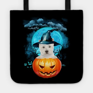 West Highland White Terrier Witch Hat Pumpkin And Blue Moon Tote