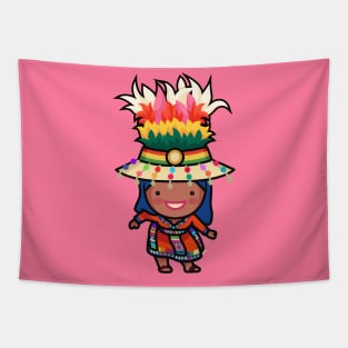 Cute Bolivian Carnival Woman in Traditional Clothing Cartoon Tapestry