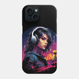 Cyberpunk Neon Woman in Headphones listening to music Phone Case