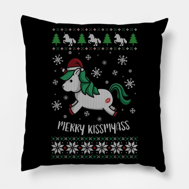 MerryKissMyAss cute kawaii unicorn ugly christmas sweater Pillow by secondskin