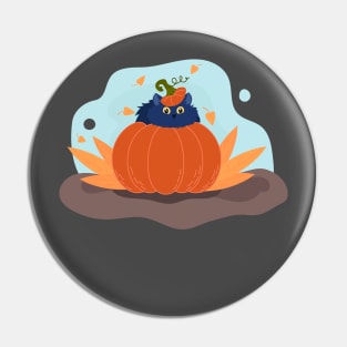 Black cute cat in a Halloween pumpkin. Autumn poster vector illustration Pin