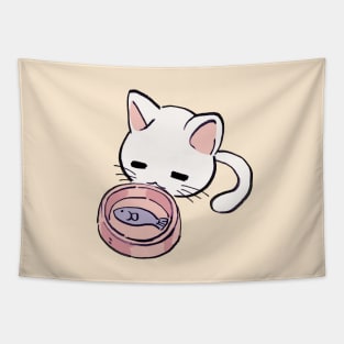 I draw lucky star white cat eating fish Tapestry