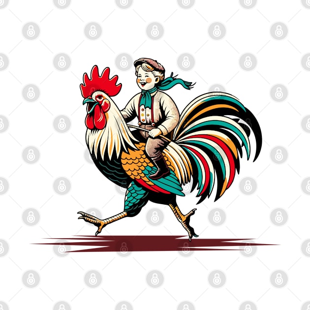 Kid riding on a rooster by Art_Boys