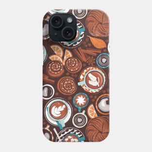 Love hugs in coffee mugs // pattern // expresso brown background lagoon orange and aqua cups and plates autumn leaves delicious cinnamon buns and cakes coffee stains and beans Phone Case