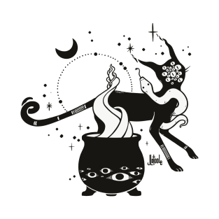 Black Cat Witch With Cauldron, Gothic Art T-Shirt