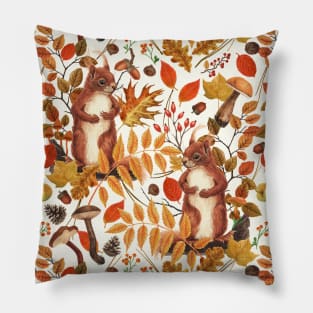 Autumn squirrels and autumnal flora on off white Pillow