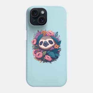 Cute Sloth head with flowers and foliage t-shirts and apparel, stickers, mugs, cases, pillow, Phone Case