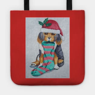 cute black and brown puppy with christmas stocking Tote