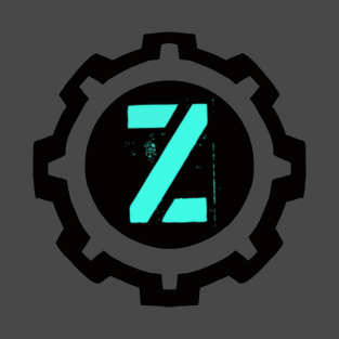 Ice Blue Letter Z in a Black Industrial Cog T-Shirt