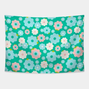 Small blue, white and pink flowers over a turquoise background Tapestry