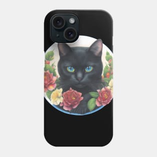 black cat with flowers Phone Case