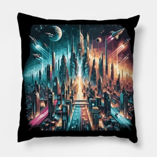 Neon Metropolis: Future City Dreamscape Pillow