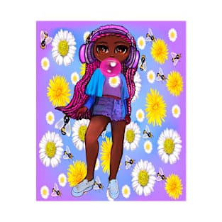 Beautiful Brown skin African American girl with Afro hair in 4 puffs blowing bubblegum and wearing headphones listening to music. Black girls rock, black girl magic,melanin poppin queen anime girl drawn in manga style T-Shirt