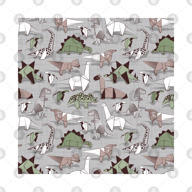 Origami dino friends // pattern // grey linen texture background green white and beige dinosaurs by SelmaCardoso