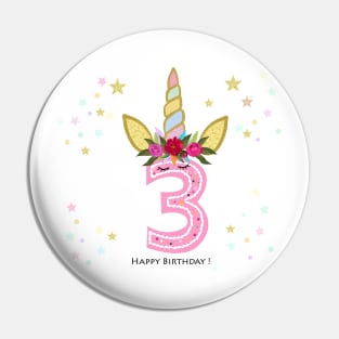 Third birthday candle. Three. Unicorn Birthday invitation. Party invitation greeting card Pin