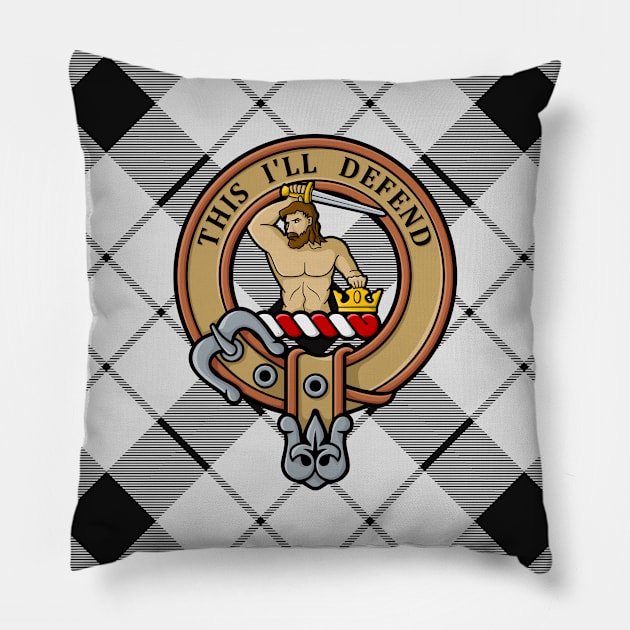 Clan MacFarlane Crest over Black and White Tartan Pillow by sifis