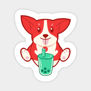 Red Corgi Dog Drinking Bubble Tea Magnet