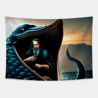 The prophet Jonah swallowed by a giant fish. inside the whale Tapestry