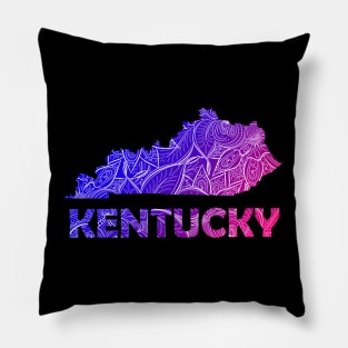 Colorful mandala art map of Kentucky with text in blue and violet Pillow