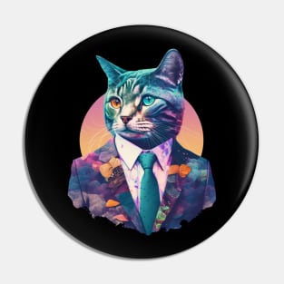 Retro Vaporwave Office Cat in a Suit Pin